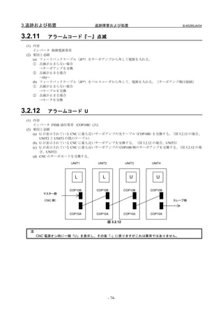 3.追跡および処置                   追跡障害および処置                                 B-65285JA/04


3.2.11     アラームコード『－』点滅
 (1) 内容
     インバータ 制御電源異常
 (2) 要因と追跡
     (a) フィードバックケーブル（JF*）をサーボアンプから外して電源を入れる。
     ① 点滅が止まらない場合
         →サーボアンプを交換
     ② 点滅が止まる場合
         →(b)へ
     (b) フィードバックケーブル（JF*）をパルスコーダから外して、電源を入れる。（サーボアンプ側は接続）
     ① 点滅が止まらない場合
         →ケーブルを交換
     ② 点滅が止まる場合
         →モータを交換


3.2.12     アラームコード U
 (1) 内容
     インバータ FSSB 通信異常（COP10B）(注)
 (2) 要因と追跡
     (a) U が表示されている CNC に最も近いサーボアンプの光ケーブル    （COP10B）を交換する。（図 3.2.12 の場合、
         UNIT2 と UNIT3 の間のケーブル）
     (b) U が表示されている CNC に最も近いサーボアンプを交換する。（図 3.2.12 の場合、UNIT3）
     (c) U が表示されている CNC に最も近いサーボアンプの COP10B 側のサーボアンプを交換する。   （図 3.2.12 の場
         合、UNIT2）
     (d) CNC のサーボカードを交換する。

                   UNIT1      UNIT2              UNIT3    UNIT4



                     L          L                   U        U

                   COP10B    COP10B              COP10B   COP10B
         マスター側

         （CNC 側）                                                   スレーブ側



                   COP10A    COP10A              COP10A   COP10A

                                      図 3.2.12

  注
      CNC 電源オン時に一瞬「U」を表示し、その後「-」に戻りますがこれは異常ではありません。




                                      - 74-
 