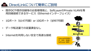 ©2015 S&I Co., Ltd.
• 既存DCや既存回線等のお客様環境と、SoftLayerのPrivate VLANを専
用回線接続できるサービス（Ethernetインターフェイス）
• 1Gポート（$147月額）or 10Gポート（$997月額）
• データ転送量での従量課金なし
• Internetを利用しない安全で高速な接続
DirectLinkについて簡単にご説明
10
Internetを利用せ
ず、安全・高速に
SoftLayer 接続！
 