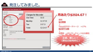 ©2015 S&I Co., Ltd.
発注してみました。
57
価格
$1998
↓
Tokyo02のサーチャージ +17%
$2377.66
↓
消費税 +8%(サーチャージ込の値段
に対して！)
$2524.67
月あたり$2524.67！
正直、厳しい！
（弊社の財布的に）
 
