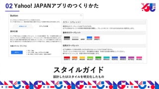 スタイルガイド
Yahoo! JAPANアプリのつくりかた02
設計したUIスタイルを明文化したもの
 