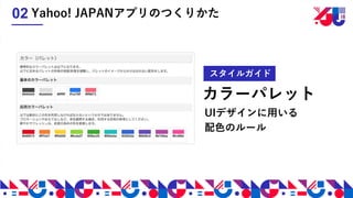 カラーパレット
スタイルガイド
Yahoo! JAPANアプリのつくりかた02
UIデザインに用いる
配色のルール
 