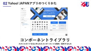 コンポーネントライブラリ
Yahoo! JAPANアプリのつくりかた02
スタイルガイドを元に作られたコンポーネントを集約・配布するもの
 