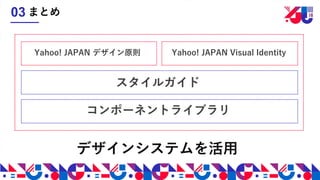デザインシステムを活用
まとめ03
Yahoo! JAPAN デザイン原則
スタイルガイド
コンポーネントライブラリ
Yahoo! JAPAN Visual Identity
 