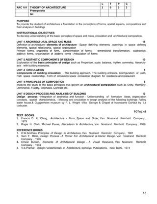 L      T      P      C
ARC 101    THEORY OF ARCHITECTURE                                          3      0      0      3
           Prerequisite
           Nil

PURPOSE
To provide the student of architecture a foundation in the conception of forms, spatial aspects, compositions and
their analysis in buildings

INSTRUCTIONAL OBJECTIVES
To develop understanding of the basic principles of space and mass, circulation and architectural composition.

UNIT-1 ARCHITECTURAL SPACE AND MASS                                                                     15
Definition of architecture- elements of architecture - Space defining elements , openings in space defining
elements, spatial relationship, spatial organization
Primary forms, properties of form, transformation of forms - dimensional transformation, subtractive,
additive forms, organization of additive forms - Articulation of forms

UNIT-2 AESTHETIC COMPONENTS OF DESIGN                                                                      10
Exploration of the basic principles of design such as Proportion, scale, balance, rhythm, symmetry, hierarchy,
axis with building examples.
UNIT-3 CIRCULATION                                                                                     5
Components of building circulation - The building approach, The building entrance, Configuration of path,
Path space relationship, Form of circulation space -Circulation diagram for residence and restaurant

UNIT-4 PRINCIPLES OF COMPOSITION                                                                         5
Involves the study of the basic principles that govern an architectural composition such as Unity, Harmony,
Dominance, Fluidity, Emphasis, Contrast etc.

UNIT-5 DESIGN PROCESS AND ANALYSIS OF BUILDING                                                                 10
Design process –integration of aesthetics and function - Understanding of formative ideas, organization
concepts, spatial characteristics, - Massing and circulation in design analysis of the following buildings: Falling
water house,& Guggenheim museum by F. L. Wright -Villa Savoye & Chapel of Notredame DuHaut by Le
corbusier.

                                                                                         TOTAL 45
TEXT BOOKS
1. Francis D. K. Ching, Architecture - Form, Space and Order, Van Nostrand Reinhold Company ,
   1979
2. Roger H. Clark, Michael Pause, Precedents In Architecture, Van Nostrand Reinhold Company , 1996

REFERENCE BOOKS
1. K.W.Smithies, Principles of Design in Architecture, Van Nostrand Reinhold Company , 1981
2. Sam F. Miller, Design Process - A Primer For Architectural & Interior Design, Van Nostrand Reinhold
   Company , 1995
3. Ernest Burden, Elements of Architectural Design – A Visual Resource, Van Nostrand Reinhold
   Company , 1994
4. V.S.Pramar, Design Fundamentals in Architecture, Somaiya Publications, New Delhi, 1973




                                                                                                                 18
 
