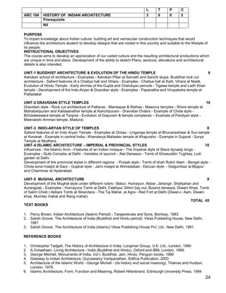 L       T      P      C
ARC 104     HISTORY OF INDIAN ARCHITECTURE                                   3       0      0      3
            Prerequisite
            Nil

PURPOSE
To impart knowledge about Indian culture, building art and vernacular construction techniques that would
influence the architecture student to develop designs that are rooted in this country and suitable to the lifestyle of
its people.
INSTRUCTIONAL OBJECTIVES
The course aims to develop an appreciation of our varied culture and the resulting architectural productions which
are unique in time and place. Development of the ability to sketch Plans, sections, elevations and architectural
details is also intended.

UNIT-1 BUDDHIST ARCHITECTURE & EVOLUTION OF THE HINDU TEMPLE                                                      8
Ashokan school of architecture - Examples - Ashokan Pillar at Sarnath and Sanchi stupa. Buddhist rock cut
architecture - Salient features of a Chaitya hall and Vihara - Examples - Chaitya hall at Karli, Vihara at Nasik.
Evolution of Hindu Temple - Early shrines of the Gupta and Chalukyan periods - Tigawa temple and Ladh Khan
temple - Development of the Indo-Aryan & Dravidian style - Examples - Papanatha and Virupaksha temple at
Pattadakal

UNIT-2 DRAVIDIAN STYLE TEMPLES                                                                              10
Dravidian style - Rock cut architecture of Pallavas - Mandapas & Rathas - Masonry temples - Shore temple at
Mahabalipuram and Kailasanathar temple at Kanchipuram - Dravidian Orders - Example of Chola style -
Brihadeeswara temple at Tanjore - Evolution of Gopuram & temple complexes – Example of Pandyan style -
Meenakshi Amman temple, Madurai.

UNIT-3 INDO-ARYAN STYLE OF TEMPLES                                                                               8
Salient features of an Indo Aryan Temple - Examples at Orissa - Lingaraja temple at Bhuvaneshwar & Sun temple
at Konarak - Example in central India - Khandarya Mahadev temple at Khajuraho - Example in Gujarat - Surya
Temple at Modhera.
UNIT-4 ISLAMIC ARCHITECTURE – IMPERIAL & PROVINCIAL STYLES                                                     10
Influences - the Islamic Arch - Features of an Indian mosque - The Imperial style of Slave dynasty kings -
Examples - Qutb Complex at Delhi - Varieties of squinch - Alai Darwaza - Tomb of Ghiasuddin Tughlaq, Lodi
garden at Delhi.
Development of the provincial styles in different regions - Punjab style - Tomb of shah Rukni Alam - Bengal style -
Chota sona masjid at Gaur - Gujarat style - Jami masjid at Ahmadabad - Deccan style – Golgumbaz at Bijapur
and Charminar at Hyderabad.

UNIT-5 MUGHAL ARCHITECTURE                                                                                    9
Development of the Mughal style under different rulers - Babur, Humayun, Akbar, Jahangir, Shahjahan and
Aurangzeb - Examples - Humayuns Tomb at Delhi, Fatehpur Sikhri (lay out, Buland darwaza, Diwani Khas, Tomb
of Salim Chisti ) Akbars Tomb at Sikandara - The Taj Mahal, at Agra - Red Fort at Delhi (Diwan-i- Aam, Diwani
khas, Mumtaz mahal and Rang mahal).
                                                                                                     TOTAL 45
TEXT BOOKS

1. Percy Brown, Indian Architecture (Islamic Period) - Taraporevala and Sons, Bombay, 1983
2. Satish Grover, The Architecture of India (Buddhist and Hindu period), Vikas Publishing House, New Delhi,
   1981
3. Satish Grover, The Architecture of India (Islamic) Vikas Publishing House Pvt. Ltd., New Delhi, 1981.

REFERENCE BOOKS

1. Christopher Tadgell, The History of Architecture in India, Longman Group, U.K. Ltd., London, 1990
2. A.Volwahsen, Living Architecture - India (Buddhist and Hindu), Oxford and IBM, London, 1969.
3. George Mitchell, Monuments of India, Vol I, Buddhist, Jain, Hindu; Penguin books, 1990
4. Gateway to Indian Architecture, Guruswamy Vaidyanathan, Edifice Publication, 2003
5. Architecture of the Islamic World - George Michell - (its history and social meaning), Thames and Hudson,
   London, 1978.
6. Islamic Architecture, Form, Function and Meaning, Robert Hillenbrand, Edinburgh University Press, 1994
                                                                                                                   24
 