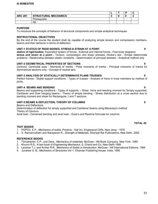 III SEMESTER


                                                                                 L      T     P     C
ARC 201       STRUCTURAL MECHANICS                                               3      0     0     3
              Prerequisite
              Nil

PURPOSE
To introduce the concepts of behavior of structural components and simple analytical techniques.

INSTRUCTIONAL OBJECTIVES
By the end of the course the student shall be capable of analyzing simple tension and compression members,
beams and their behavior in terms of deflection.

UNIT-1 STATICS OF RIGID BODIES, STRESS & STRAIN AT A POINT                                                      9
statics of rigid bodies- Equivalent system of forces - External and internal forces - Free body diagrams
stress and strain at a point - Tension, compression and shear stresses, Hooke’s law - Simple determinate
problems - Relationship between elastic constants - Determination of principal stresses - Analytical method only

UNIT-2 GEOMETRICAL PROPERTIES OF SECTIONS                                                                9
Centroid, Centroidal axes - Moments of Inertia - Polar moments of Inertia - Principal moments of Inertia for
Symmetrical sections only - Concept of neutral axis.

UNIT-3 ANALYSIS OF STATICALLY DETERMINATE PLANE TRUSSES                                                     9
Perfect frames - Stable support conditions - Types of trusses - Analysis of force in truss members by method of
joints.

UNIT-4 BEAMS AND BENDING                                                                                 9
Beams and supporting conditions - Types of supports – Shear force and bending moment for Simply supported,
Cantilever and Over hanging beams - Theory of simple bending - Stress distribution at a cross section due to
bending moment and shear for Rectangular, I and T sections.

UNIT-5 BEAMS & DEFLECTION, THEORY OF COLUMNS                                                                  9
Beams and Deflections
Determination of deflection for simply supported and Cantilever beams using Macaulay's method
Theory of Columns
Axial load - Combined bending and axial load – Euler’s and Rankine formulae for columns


                                                                                                TOTAL 45
TEXT BOOKS
1. POPOV, E.P., Mechanics of solids, Prentice - Hall Inc, Englewood Cliffs, New Jersy - 1976
2. S. Ramamrutham and Narayanan R., Strength of Materials, Dhanpat Rai Publications, New Delhi, 2002

REFERENCE BOOKS
1. Timoshenko, C.P., and Gere., Mechanics of materials, McGraw - Hill Book Company, New York, 1984
2. Khurmi R.S., A text book of Engineering Mechanics, S. Chand and Co, New Delhi,1999
3. Laudner T.J. and Archer R.R., Mechanics of Solids in Introduction, McGraw - Hill International Editions, 1994
4. Junarkar S. B., Mechanics of Structures Vol 1, Charotar Publishing House, India, 1995




                                                                                                              31
 