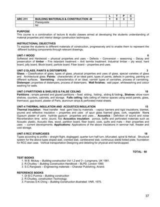 L     T      P     C
ARC 211         BUILDING MATERIALS & CONSTRUCTION -III                              1     0      3     3
                Prerequisite
                Nil

PURPOSE
This course is a combination of lecture & studio classes aimed at developing the students understanding of
material properties and interior design construction techniques.

INSTRUCTIONAL OBJECTIVES
To expose the students to different materials of construction, progressively and to enable them to represent the
 different building components through relevant drawings.

UNIT-1 WOOD                                                                                                  6
Softwood and Hardwood – physical properties and uses – Defects – Conversion – seasoning – Decay and
preservation of timber – Fire retardant treatment – Anti termite treatment. Industrial timber – ply wood, hard
board, jolly board, Block board, particle board. Fiber board – properties and uses.

UNIT-2 GLASS, PAINTS & DISTEMPERS                                                                                 3
Glass: - Classification of glass, types of glass, physical properties and uses of glass, special varieties of glass
and Architectural glass. Paints: characteristic of an ideal paint, types of paints, defects in painting, painting on
different surfaces. Varnishing: characteristics of an ideal, varnish types of varnishes, process of varnishing.
Distemper: properties of distempers, process of distempers. Wall finishes: wall paper, whitewashing and colour
washing for walls.

UNIT-3 PARTITIONS & SHELVES & FALSE CEILING                                                                       18
Partitions : simple paneled and glazed partitions – fixed silding , folding , sliding & folding . Shelves: show room
shelves, counters, cabinets, and storage. Falls celling: falls celling of interior spaces using wood panels, glass,
thermacol, gyp-board, plaster of Paris, aluminum strips & perforated metal sheets.

UNIT-4 THERMAL INSULATION AND ACOUSTICS INSULATION                                                             15
Thermal insulation: Heat transfer heat gain/ loss by materials - vapour barriers and rigid insulations, blanket,
poured and reflective insulation – properties and uses of spun glass foamed glass, cork, vegetable fibers
Gypsum plaster of paris hydride gypsum properties and uses . Acoustics : Definition of sound and noise
Reverberation time echo ,sound, foci Acoustics insulation: porous, baffle and perforated materials such as
Acoustic plastic, Acoustic tiles, wood, partition board, fiber board, cook, quilts and mats – their properties and
uses – current developments. Applications: Applications of the above insulations in seminar hall, theater and
cold storage.

UNIT-5 RCC STAIRCASES                                                                                                18
Types according to profile – straight flight, doglegged, quarter turn half turn, bifurcated, spiral & Helical. Structural
system for the above types sloped slab, cranked slab, cantilevered slab, continuous slab& folded plate, foundation
for RCC stair case. Vertical transportation Designing and detailing for physical and handicapped.


                                                                                                           TOTAL: 60

TEXT BOOKS
   1. W.B. Mickay – Building construction Vol 1,2 and 3 – Longmans, UK 1981.
   2. R.Chudley – Building Construction Handbook – BLPD, London 1990.
   3. S.C.Rangwals – Engineering materials – Charotar Publishing, Anand.

REFERENCE BOOKS
   1. Dr.B.C.Punmia – Building construction
   2. R.Chudley, construction Technology.
   3. Francies D.K.Ching – Building Construction illustrated. VNR, 1975.




                                                                                                                     37
 