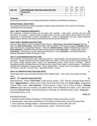 L      T      P      C
ARC 305       CONTEMPORARY WESTERN ARCHITECTURE                                3      0      0      3
              Prerequisite
              Nil

PURPOSE
Introducing the students to various Design philosophies of Modern & Post Modern Architecture.

INSTRUCTIONAL OBJECTIVES
To provide the student an in-depth knowledge of modern design philosophies in the evolution of innovative
architectural forms and designs.

UNIT-1 SELF CONSCIOUS MODERNITY                                                                          10
Neo classicism, industrial revolution and its impact, new materials – steel, glass, concrete, arts and crafts
movement, art nouveau – works of Gaudi, Chicago school, art deco, Louis Sullivan works, Adolf Loos and his
arguments on ornamentation, Futurism, Expressionism – works of Mendelssohn and taut, destijl movement,
Walter Gropius: Bauhaus and Harvard, Peter Behrens and the German Werkbund.

UNIT-2 EARLY MODERN ARCHITECTURE                                                                              9
Cubism, Constructivism, works of architects Philip Johnson – Glass house, Connecticut, Seagram Building,
New York, Mies Vander Rohe - Barcelona Pavilion, Illinois Institute of Technology, Chicago, F.L.Wright- Falling
water, Pennsylvania, Guggenheim Museum, New York , Richard neutra - Kaufmann Desert House, California,
Oscar Niemeyer - Cathedral of Brasília, Museu Oscar Niemeyer ,Brazil Alvar Alto - Finlandia Hall, Finland ,
Lecorbusier – Villa Savoye , France , Notre damn Ronchamp , Paris, Louis khan - The National Assembly
Building, Bangladesh, Kimbell Art Museum,Texas

UNIT-3 LATER MODERN ARCHITECTURE                                                                            8
Post modernism and international style .Ideas and works of – Paul Rudolph- Arts and architecture building, Yale
university, Orange County Government Center, New York, I.M.Pei - Grand Louvre, Paris, Everson Museum of
Art, Kenzo Tange –Olympic arena, Tokyo, Fuji, Broadcasting center, Tokyo, Minoru Yamasaki – Dahran
International airport, McGregor Memorial Conference Community Center, Detroit, Kisho Kurokawa - The Museum
of Modern Art, Wakayama , Capsule tower , Tokyo, Richard Meier – Jubilee church ,Los Angeles , Smith house,
Connecticut , Toyo Ito - U House,Tokyo , Serpentine Pavilion , London

UNIT-4 ALTERNATIVE PRACTICES AND IDEAS                                                                       8
Critical regionalism, works and ideas of Hassan Fathy, Geoffrey Bawa , Tado Ando, Laurie baker and Paulo
soleri
UNIT-5 21ST CENTURY ARCHITECTURE                                                                             10
Deconstructivism – Works of Zaha Hadid- London aquatic complex , 2012 Olympics ,Zaragoza bridge pavilion,
Spain , Daniel libeskind – Jewish museum, Berlin, World trade center, New York, Frank o gehry - Guggenheim
museum, Bilbao, Spain , Peter Eisenman - Cardinal stadium, Arizona ,City of Culture of Galicia, Santiago
Calatrova and his structural concepts- Lyon-satolas station, France, Milwaukee art museum ,U.S.A , News forms
and ideas of Norman Foster - American Air Museum, Cambridge, UK, Standsted Airport, London , Greg Lynn –
Embryological house, U.S.A
                                                                                                       TOTAL 45
REFERENCE BOOKS
1. Kenneth Frampton, Modern Architecture: A Critical History, Thames and Hudson, London.
2. Sigfried giedion, .Space time and Architecture: The Grwoth of a New tradition, Harvard University Press.
3. Tzonis Alexander, Santiago calatrova , International Publications, January 2005, New York.
4. Steele James, Hassan fathy - The complete works , London : Thames and Hudson.




                                                                                                             48
 