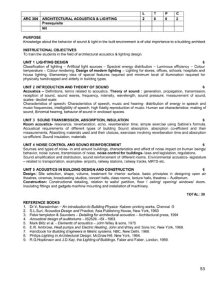 L   T   P      C
ARC 304     ARCHITECTURAL ACOUSTICS & LIGHTING                                     2   0   0      2
            Prerequisite
            Nil

PURPOSE
Knowledge about the behavior of sound & light in the built environment is of vital importance to a budding architect.

INSTRUCTIONAL OBJECTIVES
To train the students in the field of architectural acoustics & lighting design.

UNIT 1 LIGHTING DESIGN                                                                                           6
Classification of lighting – Artificial light sources – Spectral energy distribution – Luminous efficiency – Colour
temperature – Colour rendering. Design of modern lighting – Lighting for stores, offices, schools, hospitals and
house lighting. Elementary idea of special features required and minimum level of illumination required for
physically handicapped and elderly in building types.

UNIT 2 INTRODUCTION AND THEORY OF SOUND                                                                             6
Acoustics – Definitions, terms related to acoustics. Theory of sound : generation, propagation, transmission,
reception of sound, sound waves, frequency, intensity, wavelength, sound pressure, measurement of sound,
scales- decibel scale
Characteristics of speech: Characteristics of speech, music and hearing- distribution of energy in speech and
music frequencies, intelligibility of speech, high fidelty reproduction of music. Human ear characteristics- making of
sound, Binomial hearing, behavior of sound in enclosed spaces.

UNIT 3 SOUND TRANSMISSION, ABSORPTION, INSULATION                                                            6
Room acoustics- resonance, reverberation, echo, reverberation time, simple exercise using Sabine’s formula.
Acoustical requirements of different types of building Sound absorption, absorption co-efficient and their
measurements, Absorbing materials used and their choices, exercises involving reverberation time and absorption
co-efficient. Sound insulation, materials

UNIT 4 NOISE CONTROL AND SOUND REINFORCEMENT                                                                    6
Sources and types of noise- in and around buildings, characteristics and effect of noise impact on human beings/
behavior, noise curves, transmission of noise, noise control for buildings- laws and legislation, regulations.
Sound amplification and distribution, sound reinforcement of different rooms. Environmental acoustics- legislature
– related to transportation, examples- airports, railway stations, railway tracks, MRTS etc.

UNIT 5 ACOUSTICS IN BUILDING DESIGN AND CONSTRUCTION                                                         6
Design: Site selection, shape, volume, treatment for interior surface, basic principles in designing open air
theatres, cinemas, broadcasting studios, concert halls, class rooms, lecture halls, theatres – Auditorium.
Construction: Constructional detailing, relation to walls/ partition, floor / ceiling/ opening/ windows/ doors.
Insulating fittings and gadgets machine mounting and installation of machinery.

                                                                                                         TOTAL: 30

REFERENCE BOOKS
1. Dr.V. Narasimhan – An introduction to Building Physics- Kabeer printing works, Chennai -5
2. S.L.Suri, Acoustics Design and Practice, Asia Publishing House, New York, 1963
3. Peter templeton & Saunders – Detailing for architectural acoustics – Architectural press, 1994
4. Acoustical design of auditoriums – IS2526 –ISI –1963
5. Mark Blitz et al. - Elements of acoustics – John Wiley & sons, 1975
6. E.R. Ambrose, Heat pumps and Electric Heating, John and Wiley and Sons Inc, New York, 1968.
7. Handbook for Building Engineers in Metric systems, NBC, New Delhi, 1968.
8. Philips Lighting in Architectural Design, McGraw Hill, New York, 1964.
9. R.G.Hopkinson and J.D.Kay, the Lighting of Buildings, Faber and Faber, London, 1969.




                                                                                                                  53
 