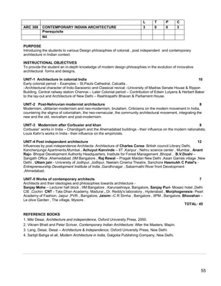 L      T      P        C
ARC 308    CONTEMPORARY INDIAN ARCHITECTURE                               3      0      0        3
           Prerequisite
           Nil

PURPOSE
Introducing the students to various Design philosophies of colonial , post independent and contemporary
architecture in Indian context.

INSTRUCTIONAL OBJECTIVES
To provide the student an in-depth knowledge of modern design philosophies in the evolution of innovative
architectural forms and designs.

UNIT-1 Architecture in colonial India                                                                         10
Early colonial period – Examples – St.Pauls Cathedral, Calcatta .
–Architectural character of Indo-Saracenic and Classical revival –University of Madras Senate House & Rippon
Building, Central railway station Chennai.– Later Colonial period – Contribution of Edwin Lutyens & Herbert Baker
to the lay-out and Architecture of New Delhi – Rashtrapathi Bhavan & Parliament House.

UNIT-2 Post-Nehruvian modernist architecture                                                                  8
Modernism, utilitarian modernism and neo-modernism, brutalism. Criticisms on the modern movement in India,
countering the stigma of colonialism, the neo-vernacular, the community architectural movement, integrating the
new and the old, revivalism and post-modernism.

UNIT-3 Modernism after Corbusier and khan                                                                   8
Corbusier’ works in India – Chandigarh and the Ahemadabad buildings - their influence on the modern rationalists;
Louis Kahn’s works in India - their influence on the empiricists.

UNIT-4 Post independent architecture                                                                      12
Influences by post independence Architects- Architecture of Charles Corea- British council Library Delhi,
Kanchenjunga Apartments,Mumbai , Achuyut Kanvinde – IIT ,Kanpur , Nehru science center , Mumbai , Anant
Raje- Bhopal Development Authority Headquarters, Institute for Forest Management ,Bhopal , B.V.Doshi –
Sangath Office ,Ahemedabad ,IIM Bangalore , Raj Rewal – Pragati Maidan New Delhi ,Asian Games village ,New
Delhi , Uttam jain - University of Jodhpur, Jodhpur, Neelam Cinema Theatre, Sanchore Hasmukh C Patel's -
Entrepreneurship Development Institute of India ,Gandhinagar , Sabarmathi River front Development
,Ahmedabad.

UNIT-5 Works of contemporary architects                                                                    7
Architects and their ideologies and philosophies towards architecture -
Sanjay Mohe – Lecturer hall block , IIM Bangalore , Karunashraya, Bangalore, Sanjay Puri- Mosaic hotel ,Delhi
CIE ,Cochin CNT - Tata Dhan Academy, Madurai , Dr. Reddy's laboratory , Hyderabad , Morphogenesis- Pearl
Academy of Fashion, Jaipur ,PVR , Bangalore, Jaisim –C R Simha , Bangalore , IIPM , Bangalore, Bhooshan –
Le olive Garden , The village, Mysore .
                                                                                                 TOTAL: 45

REFERENCE BOOKS
1. Miki Desai, Architecture and independence, Oxford University Press, 2000.
2. Vikram Bhatt and Peter Scriver, Contemporary Indian Architecture: After the Masters, Mapin.
3. Lang, Desai, Desai – Architecture & Independence, Oxford University Press, New Delhi.
4. Sarbjit Bahga et all, Modern Architecture in India, Galgotia Publishing Company, New Delhi.




                                                                                                              55
 