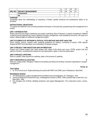 L      T      P      C
ARC 403    PROJECT MANAGEMENT                                            3      0      0      3
           Prerequisite
           Nil
PURPOSE
Knowledge about the methodology of executing a Project, greatly enhances the professional ability of an
Architect.

INSTRUCTIONAL OBJECTIVES
To expose the students to the currently prevalent techniques in the planning, programming and management of a
project.

UNIT-1 INTRODUCTION                                                                                           8
Project planning and project scheduling and project controlling, Role of Decision in project management, Method
of planning and programming, Human aspects of project management, work breakdown structure, Life cycle of a
project, disadvantages of traditional management system

UNIT-2 ELEMENTS OF NETWORK & CRITICAL PATH METHOD AND PERT ANALYSIS                                   12
Event, activity, dummy, network rules, graphical guidelines for network, numbering of events. CPM network
analysis & PERT time estimates, time computation & network analysis

UNIT-3 PROJECT TIME REDUCTION AND OPTIMIZATION                                                                10
Project cost, Indirect project cost, direct project cost, slope of the direct cost curve, TOTAL project cost and
optimum duration, contracting the network for cost optimization, steps in cost-time optimization

UNIT-4 PROJECT UPDATING                                                                                       7
When to update? Data required for updating, steps in the process of updating

UNIT-5 RESOURCE ALLOCATION                                                                                  8
Resource usage profile: Histogram, Resource smoothing and Resource leveling, Computer applications in project
management.

                                                                                                  TOTAL 45
TEXT BOOK
1. Dr. B.C.Punmia et al. Project planning and control with PERT and CPM, Laxmi Publications, New Delhi

REFERENCE BOOKS
1. S.P.Mukhopadyay, project management for Architect’s and civil Engineers, IIT, Kharagpur, 1974
2. Jerome D.Wiest and Ferdinand K.Levy, A Management Guide to PERT, CPM, prentice Hall of India Pub, Ltd.,
   New Delhi, 1982
3. R.A. Burgess and G.White, Building production and project Management, The construction press, London,
   1979.




                                                                                                             59
 