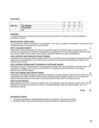 ELECTIVES

                                                                             L       T      P      C
ARC 351         SET DESIGN                                                   2       0      0      2
                Prerequisite
                Nil

PURPOSE
To create awareness and provide exposure about the design potential in theatre and cinema set design to
architecture students .

INSTRUCTIONAL OBJECTIVES
To inculcate the ability to translate the requirements of the script to physical manifestations according to the
traditions followed in the theatre and cinema industry.
UNIT-1 FILM AND SOCIETY                                                                                         6
Examination of the twentieth-century culture and society through film. Critical analysis of cultural and social
conflicts are portrayed and worked out in popular films, and examination of how motion pictures create a window
into modern society. Film as cultural texts to better understand history and culture manifestations.
UNIT-2 HISTORY AND THEATER FILM SET DESIGN                                                                      6
Investigation the production methods, dramatic theory and conventions, and scene design of various performance
media since the popularization of the motion picture, and how it has influenced all entertainment design in the
20th and 21st centuries.
UNIT-3 GRAPHIC DESIGN AND TYPOGRAPHY FOR EXHIBIT DESIGN                                                          6
Principles of layout for creating effective visual signage and explore the unique problems, technique, theory, and
approaches of signage in film, theatre, and other forms of mediated exhibition.Introduction to the design
applications for building signage.
UNIT-4 SET DESIGN AND CONCEPT WRAP                                                                                 6
Introduction to the basic concepts, through theory and practice, of scene design in theatre, film, and other fine arts
and entertainment media. Students will learn how to analyze scripts for proper scenery, how to conceptualize
designs that will translate into actual sets, and develop visual thinking within the creative process.
UNIT-5 STAGE DESIGN                                                                                               6
Stage design process from inception to performance, script analysis, visual arts analysis, research skills, and the
application of principles and elements of design. Understanding stage setting through language, color, and
architectural analysis.

                                                                                                    TOTAL         30


REFERENCE BOOKS
1. Time saver standards for building types,DeChiara and Callender, Mc Graw hill company
 2. Neufert Architect’s data, Bousmaha Baiche & Nicholas Walliman, Blackwell science ltd




                                                                                                                   69
 