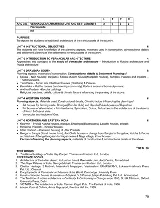 L       T    P    C
ARC 353     VERNACULAR ARCHITECTURE AND SETTLEMENTS                          2       0    0    2
            Prerequisite
            Nil

PURPOSE
To expose the students to traditional architecture of the various parts of the country.

UNIT-1 INSTRUCTIONAL OBJECTIVES                                                                               6
The students will have knowledge of the planning aspects, materials used in construction, constructional details
and settlement planning of the settlements in various parts of the country.

UNIT-2 INTRODUCTION TO VERNACULAR ARCHITECTURE                                                          4
Approaches and concepts to the study of Vernacular architecture – Introduction to Kutcha architecture and
Pucca architecture

UNIT-3 DRAVIDIAN SOUTH                                                                                 8
Planning aspects, materials of construction, Constructional details & Settlement Planning of
 Kerala – Nair houses(Tarawads), Kerala Muslim houses(Mappilah houses), Temples, Palaces and theaters –
   Thattchushastra.
 TamilNadu – Toda Huts, Chettinad Houses (Chettiars) & Palaces
 Karnataka – Gutthu houses (land owning community), Kodava ancestral home (Aynmane)
 Andhra Pradesh –Kaccha buildings
   Religious practices, beliefs, culture & climatic factors influencing the planning of the above.

UNIT-4 WESTERN REGION                                                                                          6
Planning aspects, Materials used, Constructional details, Climatic factors influencing the planning of
   Jat houses for farming caste, Bhungas(Circular Huts) and Havelis(Pukka houses) of Rajasthan
   Pol houses of Ahmedabad - Primitive forms, Symbolism, Colour, Folk art etc in the architecture of the deserts
    of Kutch & Gujarat state.
   Vernacular architecture of Goa.

UNIT-5 NORTHERN AND EASTERN INDIA                                                                            6
 Kashmir – Typical Kutcha houses, mosque, Dhoongas(Boathouses), Ladakhi houses, bridges
 Himachal Pradesh – Kinnaur houses
 Uttar Pradesh – Domestic housing of Uttar Pradesh
 Bengal – Bangla (Rural house form), Aat Chala houses – change from Bangla to Bungalow, Kutcha & Pucca
  architecture of Bengal.Nagaland – Naga houses & Naga village, Khasi houses
  Factors influencing the planning aspects, materials of construction & constructional details of the above.


                                                                                                     TOTAL 30
 TEXT BOOKS
1. Traditional buildings of India, Ilay Cooper, Thames and Hudson Ltd., London
 REFERENCE BOOKS
1. Architecture of the Indian desert, Kulbushan Jain & Meenakshi Jain, Aadi Centre, Ahmedabad
2. The Royal Palaces of India, George Michell, Thames and Hudson Ltd., London
3. Chettiar Heritage, S.Muthiah, Meenakshi Meyappan, Visalakshmi RAMASWAMY, Lokavani-Hallmark Press
   Pvt. Ltd., Chennai
4. Encyclopaedia of Vernacular architecture of the World, Cambridge University Press
5. Havali – Wooden houses & mansions of Gujarat, V.S.Pramar, Mapin Publishing Pvt. Ltd., Ahmedabad
6. The Tradition of Indian architecture – Continuity & Controversy – Change since 1850, G.H.R.Tillotsum, Oxford
   University Press, Delhi
7. VISTARA – The architecture of India, Carmen Kagal. Pub : The Festival of India, 1986.
8. House, Form & Culture, Amos Rappoport, Prentice Hall Inc, 1969.


                                                                                                             70
 