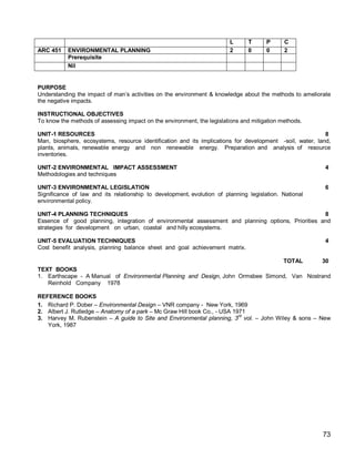 L      T      P      C
ARC 451    ENVIRONMENTAL PLANNING                                       2      0      0      2
           Prerequisite
           Nil


PURPOSE
Understanding the impact of man’s activities on the environment & knowledge about the methods to ameliorate
the negative impacts.

INSTRUCTIONAL OBJECTIVES
To know the methods of assessing impact on the environment, the legislations and mitigation methods.

UNIT-1 RESOURCES                                                                                          8
Man, biosphere, ecosystems, resource identification and its implications for development -soil, water, land,
plants, animals, renewable energy and non renewable energy. Preparation and analysis of resource
inventories.

UNIT-2 ENVIRONMENTAL IMPACT ASSESSMENT                                                                    4
Methodologies and techniques

UNIT-3 ENVIRONMENTAL LEGISLATION                                                                          6
Significance of law and its relationship to development, evolution of planning legislation. National
environmental policy.

UNIT-4 PLANNING TECHNIQUES                                                                          8
Essence of good planning, integration of environmental assessment and planning options, Priorities and
strategies for development on urban, coastal and hilly ecosystems.

UNIT-5 EVALUATION TECHNIQUES                                                                              4
Cost benefit analysis, planning balance sheet and goal achievement matrix.

                                                                                             TOTAL      30
TEXT BOOKS
1. Earthscape - A Manual of Environmental Planning and Design, John Ormsbee Simond, Van Nostrand
   Reinhold Company 1978

REFERENCE BOOKS
1. Richard P. Dober – Environmental Design – VNR company - New York, 1969
2. Albert J. Rutledge – Anatomy of a park – Mc Graw Hill book Co., - USA 1971
3. Harvey M. Rubenstein – A guide to Site and Environmental planning, 3rd vol. – John Wiley & sons – New
   York, 1987




                                                                                                         73
 