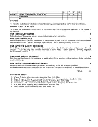 L      T      P      C
ARC 453    URBAN ECONOMICS & SOCIOLOGY                                     2      0      0      2
           Prerequisite
           Nil
PURPOSE
To make the students aware that economics and sociology are integral parts of architectural consideration.
INSTRUCTIONAL OBJECTIVES
To expose the students to the various social issues and economic concepts that come with in the purview of
architecture.
UNIT-1 GENERAL ECONOMICS                                                                                        4
Subject matter of Economics, relevant economic theories to urban economics.
UNIT-2 URBAN ECONOMICS                                                                                           6
Definition of Urban Economics – the reasons for the existence of cities – Factors influencing urbanization – Market
Demand and Supply – Choice of Technique in production – Laws of returns governing production.

UNIT-3 LAND AND BUILDING ECONOMICS                                                                         8
Costs Study – Urbanization and Planning – Urban land values – Land utilisation pattern and planning – Housing
analysis – Public housing with particular reference to Tamil Nadu – Urban problem – Poverty, Migration,
Unemployment, Pollution.

UNIT-4 RELEVANCE OF SOCIOLOGY                                                                                    4
Definition and theories and their relevance to social set-up- Social structure – Organization – Social Institutions
and Social Change.

UNIT-5 SOCIAL PROBLEMS AND PROGRAMMES                                                                     8
Urban Society – Social and economic problems – Rural society: Social and economic problems.
Developmental programmes related to urban and rural society – Impact of programmes on social development.

                                                                                              TOTAL            30

REFERENCE BOOKS
 1. Warner Z.Hirsch, Urban Economics, Macmillan, New York, 1984.
 2. Gopal Bhargava, Urban problems and policy perspectives, Abinav publication, New Delhi, 1981.
 3. Muttalib, Akbar Alikhan, Public Housing, Sterling Publishers, New Delhi, 1986.
 4. Prakasa Rao, VLS, Urbanisation in India, Concept Publishing Company, New Delhi, 1983.
 5. A.R.Desai, Rural Sociology, Popular Prakashan, Bombay, 1984.
 6. Neil J.Smelsa, Sociology, Prentice Hall, New Jersey, 1981.




                                                                                                               74
 