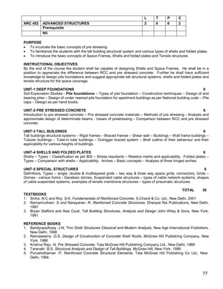 L       T      P      C
ARC 452     ADVANCED STRUCTURES                                             2       0      0      2
            Prerequisite
            Nil

PURPOSE
 To inculcate the basic concepts of pre stressing.
 To familiarize the students with the tall building structural system and various types of shells and folded plates.
 To introduce the basic concepts of Space Frames, Shells and folded plates and Tensile structures

INSTRUCTIONAL OBJECTIVES
By the end of the course the student shall be capable of designing Shells and Space Frames. He shall be in a
position to appreciate the difference between RCC and pre stressed concrete. Further he shall have sufficient
knowledge to design pile foundations and suggest appropriate tall structural systems, shells and folded plates and
tensile structure for the space coverage.

UNIT-1 DEEP FOUNDATIONS                                                                                        6
Soil Exploration Studies - Pile foundations – Types of pile foundation – Construction techniques – Design of end
bearing piles – Design of under reamed pile foundation for apartment buildings as per National building code – Pile
caps – Design as per hand books.

UNIT-2 PRE STRESSED CONCRETE                                                                                  6
Introduction to pre stressed concrete – Pre stressed concrete materials – Methods of pre stressing - Analysis and
approximate design of determinate beams - losses of prestressing - Comparison between RCC and pre stressed
concrete.

UNIT-3 TALL BUILDINGS                                                                                          6
Tall buildings structural systems – Rigid frames – Braced frames – Shear wall – Buildings – Wall frame buildings –
Tubular buildings – Tube-in tube buildings – Outrigger braced system – Brief outline of their behaviour and their
applicability for various heights of buildings.

UNIT-4 SHELLS AND FOLDED PLATES                                                                                 6
Shells – Types – Classification as per BIS – Stress resultants – Relative merits and applicability. Folded plates –
Types – Comparison with shells – Applicability. Arches – Basic concepts – Analysis of three hinged arches.

UNIT-5 SPECIAL STRUCTURES                                                                                   6
Definitions, Types – single, double & multilayered grids – two way & three way space grids, connectors, Grids –
Domes - various forms - Geodesic domes, Suspended cable structures – types of cable network systems, shapes
of cable suspended systems, examples of tensile membrane structures – types of pneumatic structures.

                                                                                             TOTAL      30
TEXTBOOKS
1. Sinha .N.C and Roy .S.K, Fundamentals of Reinforced Concrete, S.Chand & Co. Ltd., New Delhi, 2001
2. Ramamrutham .S and Narayanan .R, Reinforced Concrete Structures, Dhanpat Rai Publications, New Delhi,
   1997
3. Bryan Stafford and Alex Coull, Tall Building Structures, Analysis and Design John Wiley & Sons, New York,
   1991

REFERENCE BOOKS
1. Bandyopadhyay .J.N, Thin Shell Structures Classical and Modern Analysis, New Age International Publishers,
   New Delhi, 1998
2. Ramaswamy .G.S, Design of Construction of Concrete Shell Roofs, McGraw Hill Publishing Company, New
   York, 1986
3. Krishna Raju .N, Pre Stressed Concrete, Tata McGraw Hill Publishing Company Ltd., New Delhi, 1988
4. Taranath .B.S, Structural Analysis and Design of Tall Buildings, McGraw Hill, New York, 1988.
5. Purushothaman .P, Reinforced Concrete Structural Elements, Tata McGraw Hill Publishing Co Ltd., New
   Delhi, 1984.



                                                                                                                 77
 