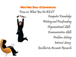 Must Have Skills & Competencies Computer Knowledge Writing and Proofreading Organizational Skills  Communication Skills Problem Solving Internet Savvy  Excellent & Accurate Research Focus on What You Do BEST 