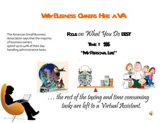 Why Business Owners Hire a VA Focus  on What You Do  BEST Time = $$$ “ My Personal Life” … the rest of the taxing and time consuming tasks are left to a Virtual Assistant. The American Small Business Association says that the majority of business owners spend up to 40% of their day handling administrative tasks. 