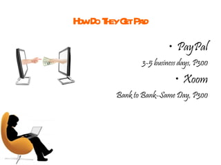 How Do They Get Paid PayPal 3-5 business days, P300 Xoom Bank to Bank-Same Day, P300 