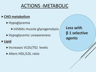 ACTIONS -METABOLIC
CHO metabolism
Hypoglycemia
Inhibits muscle glycogenolysis
Hypoglycemic unawareness
Lipid
Increases VLDL(TG) levels
Alters HDL/LDL ratio
Less with
β 1 selective
agents
 