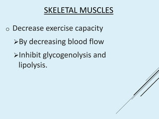 SKELETAL MUSCLES
o Decrease exercise capacity
By decreasing blood flow
Inhibit glycogenolysis and
lipolysis.
 