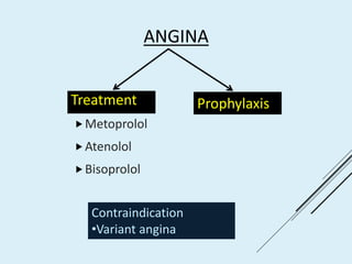 ANGINA
Metoprolol
Atenolol
Bisoprolol
ProphylaxisTreatment
Contraindication
•Variant angina
 