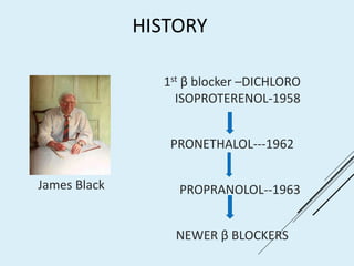 HISTORY
1st β blocker –DICHLORO
ISOPROTERENOL-1958
PRONETHALOL---1962
PROPRANOLOL--1963
NEWER β BLOCKERS
James Black
 
