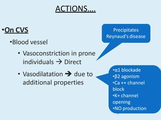 ACTIONS….
•On CVS
•Blood vessel
• Vasoconstriction in prone
individuals  Direct
• Vasodilatation  due to
additional properties
Precipitates
Reynaud's disease
•α1 blockade
•β2 agonism
•Ca ++ channel
block
•K+ channel
opening
•NO production
 