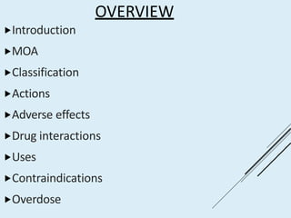 OVERVIEW
⯈Introduction
⯈MOA
⯈Classification
⯈Actions
⯈Adverse effects
⯈Drug interactions
⯈Uses
⯈Contraindications
⯈Overdose
 