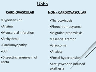 USES
CARDIOVASCULAR
•Hypertension
•Angina
•Myocardial infarction
•Arrhythmia
•Cardiomyopathy
•CCF
•Dissecting aneurysm of
aorta
NON - CARDIOVASCULAR
•Thyrotoxicosis
•Pheochromocytoma
•Migraine prophylaxis
•Essential tremor
•Glaucoma
•Anxiety
•Portal hypertension
•Anti psychotic induced
akathesia
 