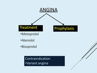 ANGINA
•Metoprolol
•Atenolol
•Bisoprolol
Prophylaxis
Treatment
Contraindication
•Variant angina
 
