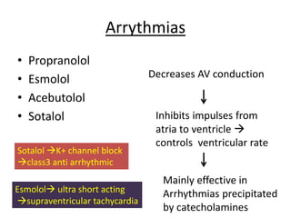 Arrythmias
• Propranolol
• Esmolol
• Acebutolol
• Sotalol
Decreases AV conduction
Inhibits impulses from
atria to ventricle 
controls ventricular rate
Mainly effective in
Arrhythmias precipitated
by catecholamines
Sotalol K+ channel block
class3 anti arrhythmic
Esmolol ultra short acting
supraventricular tachycardia
 