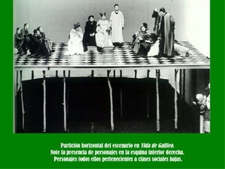 Partición horizontal del escenario en  Vida de Galileo .   Note la presencia de personajes en la esquina inferior derecha.  Personajes todos ellos pertenecientes a clases sociales bajas. 