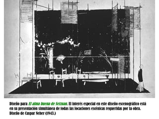 Diseño para  El alma buena de Setzuan . El interés especial en este diseño escenográfico está en su presentación simultánea de todas las locaciones escénicas requeridas por la obra. Diseño de Caspar Neher (1943.)  