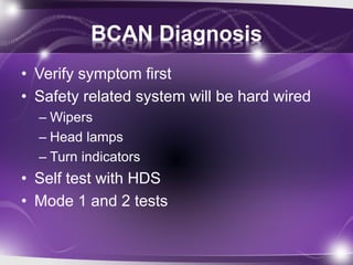 BCAN Diagnosis
• Verify symptom first
• Safety related system will be hard wired
– Wipers
– Head lamps
– Turn indicators
• Self test with HDS
• Mode 1 and 2 tests
 