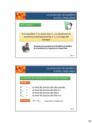La producción de equilibrio
a corto y largo plazo
Para analizar:

Si el equilibrio Y es mayor que Yn, ¿se desplazará la
economía automáticamente a Yn a lo largo del
tiempo?
Recuerde que la posición de la OA definirá el equilibrio
de la producción (y el ingreso) en el Largo Plazo.

Pág. 23

La producción de equilibrio
a corto y largo plazo
La dinámica de la producción y el nivel de los precios:
Suponga:

Pe
Pt-1
Pt
Pt+1

=
=
=
=

Por lo tanto:

el nivel de precios del año pasado
el nivel de precios del año t-1
el nivel de precios del año t
el nivel de precios del año t+1
Pte = Pt-1

[Expectativas Adaptativas]

Pág. 24

12

 