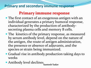 Santosh Yadav
Primary and secondary immune response
Primary immune response
 The first contact of an exogenous antigen with an
individual generates a primary humoral response,
characterized by the production of antibody-
secreting plasma cells and memory B cells.
 The kinetics of the primary response, as measured
by serum antibody level, depend on the nature of
the antigen, the route of antigen administration,
the presence or absence of adjuvants, and the
species or strain being immunized.
 Gradual rise in antibody production taking days to
weeks
 Antibody level declines
 