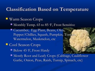 Classification Based on TemperatureClassification Based on Temperature
 Warm Season CropsWarm Season Crops
 Monthly Temp. 65 to 85Monthly Temp. 65 to 85 oo
F, Frost SensitiveF, Frost Sensitive
 Cucumber, Egg Plant, Beans, Okra,Cucumber, Egg Plant, Beans, Okra,
Pepper/Chillies, Squash, Pumpkin, Tomato,Pepper/Chillies, Squash, Pumpkin, Tomato,
Watermelon, Muskmelon, etcWatermelon, Muskmelon, etc
 Cool Season CropsCool Season Crops
 Below 45Below 45 oo
F, Frost HardyF, Frost Hardy
 Mostly Root and Leafy Crops (Cabbage, CauliflowerMostly Root and Leafy Crops (Cabbage, Cauliflower
Garlic, Onion, Peas, Raish, Turnip, Spinach, etc)Garlic, Onion, Peas, Raish, Turnip, Spinach, etc)
 