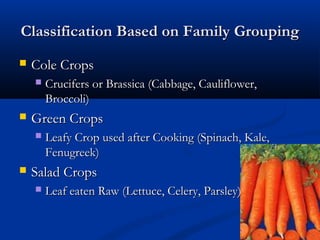 Classification Based on Family GroupingClassification Based on Family Grouping
 Cole CropsCole Crops
 Crucifers or Brassica (Cabbage, Cauliflower,Crucifers or Brassica (Cabbage, Cauliflower,
Broccoli)Broccoli)
 Green CropsGreen Crops
 Leafy Crop used after Cooking (Spinach, Kale,Leafy Crop used after Cooking (Spinach, Kale,
Fenugreek)Fenugreek)
 Salad CropsSalad Crops
 Leaf eaten Raw (Lettuce, Celery, Parsley)Leaf eaten Raw (Lettuce, Celery, Parsley)
 