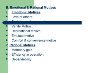 B. Emotional & Rational Motives
1.  Emotional Motives
 Love of others
 Social acceptance motive
 Vanity Motive
 Recreational motive
 Emulate motive
 Comfort & convenience motive

2. Rational Motives
 Monetary gain
 Efficiency in operation
 Dependability
 