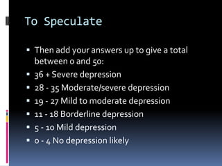 To Speculate

 Then add your answers up to give a total
    between 0 and 50:
   36 + Severe depression
   28 - 35 Moderate/severe depression
   19 - 27 Mild to moderate depression
   11 - 18 Borderline depression
   5 - 10 Mild depression
   0 - 4 No depression likely
 