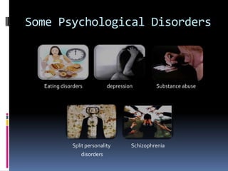 Some Psychological Disorders



  Eating disorders           depression        Substance abuse




             Split personality        Schizophrenia
                 disorders
 