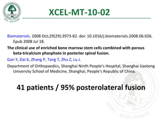 XCEL-MT-10-02
Biomaterials. 2008 Oct;29(29):3973-82. doi: 10.1016/j.biomaterials.2008.06.026.
Epub 2008 Jul 18.
The clinical use of enriched bone marrow stem cells combined with porous
beta-tricalcium phosphate in posterior spinal fusion.
Gan Y, Dai K, Zhang P, Tang T, Zhu Z, Lu J.
Department of Orthopaedics, Shanghai Ninth People's Hospital, Shanghai Jiaotong
University School of Medicine, Shanghai, People's Republic of China.
41 patients / 95% posterolateral fusion
 