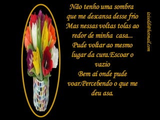 Não tenho uma sombra  que me descansa desse frio Mas nessas voltas tolas ao redor de minha  casa... Pude voltar ao mesmo lugar da cura.Escoar o vazio Bem aí onde pude voar.Percebendo o que me deu asa. [email_address] 