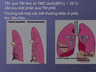 .. TM: qua TM đơn or TMC dưới(80%), ~ 25 %TM: qua TM đơn or TMC dưới(80%), ~ 25 %
dẫn lưu một phần qua TM phổi.dẫn lưu một phần qua TM phổi.
. Thường kết hợp các bất thường khác ở phổi,. Thường kết hợp các bất thường khác ở phổi,
tim, tiêu hóa…tim, tiêu hóa…
 