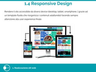 1.4 Responsive Design
eat
Rendere il sito accessibile da diversi device (desktop, tablet, smartphone…) grazie ad
un template ﬂuido che riorganizza i contenuti adattandoli facendo sempre
attenzione alla user experience ﬁnale.
1. Realizzazione siti web
 