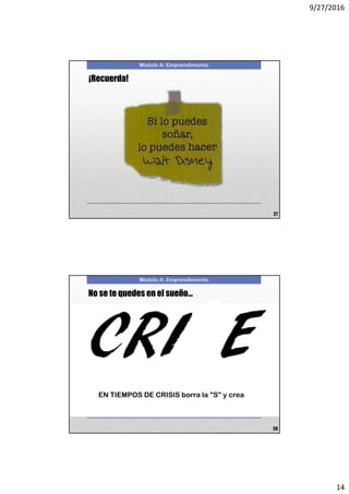 9/27/2016
14
Módulo A: Emprendimiento
¡Recuerda!
27
Módulo A: Emprendimiento
No se te quedes en el sueño...
EN TIEMPOS DE CRISIS borra la "S" y crea
28
 