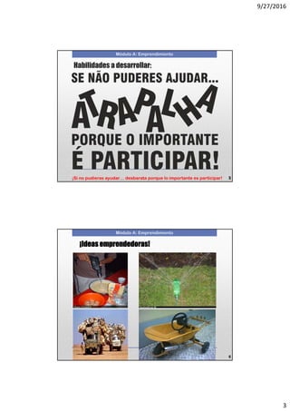 9/27/2016
3
Módulo A: Emprendimiento
5
Habilidades a desarrollar:
¡Si no pudieras ayudar… desbarata porque lo importante es participar!
Módulo A: Emprendimiento
6
¡Ideas emprendedoras!
 