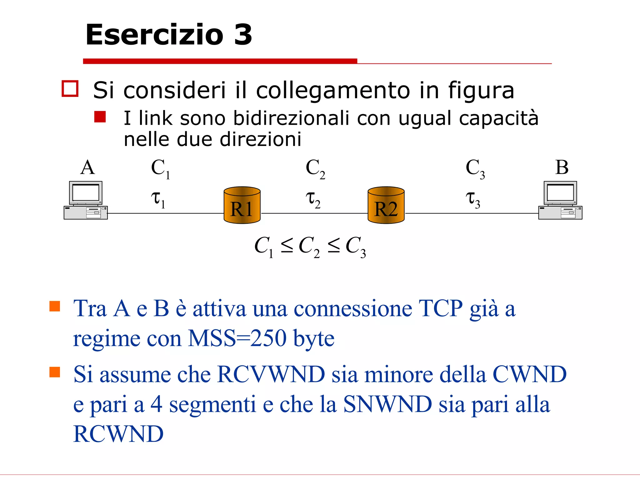 Esercizio 3 Si consideri il collegamento in figura I link sono bidirezionali con ugual capacità nelle due direzioni R1 R2 A B C 1  1 C 2  2 C 3  3 Tra A e B è attiva una connessione TCP già a regime con MSS=250 byte Si assume che RCVWND sia minore della CWND e pari a 4 segmenti e che la SNWND sia pari alla RCWND 