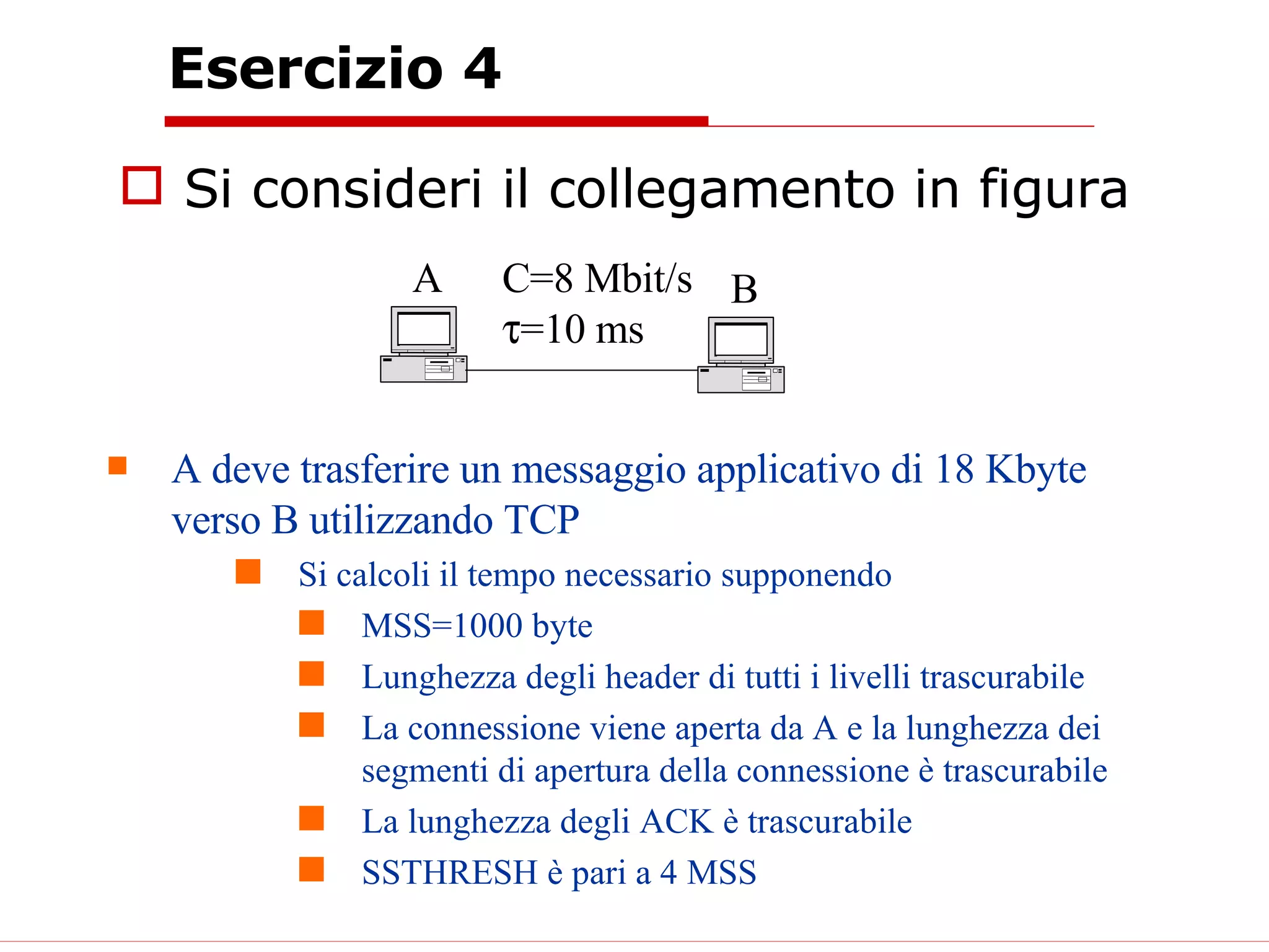 Esercizio 4 Si consideri il collegamento in figura A C=8 Mbit/s  =10 ms A deve trasferire un messaggio applicativo di 18 Kbyte verso B utilizzando TCP Si calcoli il tempo necessario supponendo MSS=1000 byte Lunghezza degli header di tutti i livelli trascurabile La connessione viene aperta da A e la lunghezza dei segmenti di apertura della connessione è trascurabile La lunghezza degli ACK è trascurabile SSTHRESH è pari a 4 MSS B 